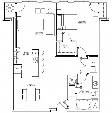 Floor plan for 1 bed, 1 bath, 1116 sqft